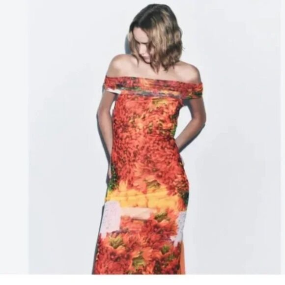 NWOT Zara Off-the-Shoulder Tulle Chili Print Maxi Dress - Picture 2 of 6
